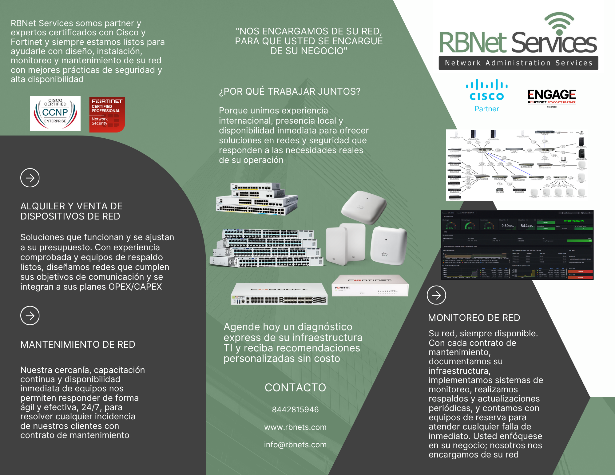 Diseño e instalación de red empresarial con equipos Cisco y Fortinet en Saltillo por RBNet Services, especialistas certificados en redes seguras y de alta disponibilidad.