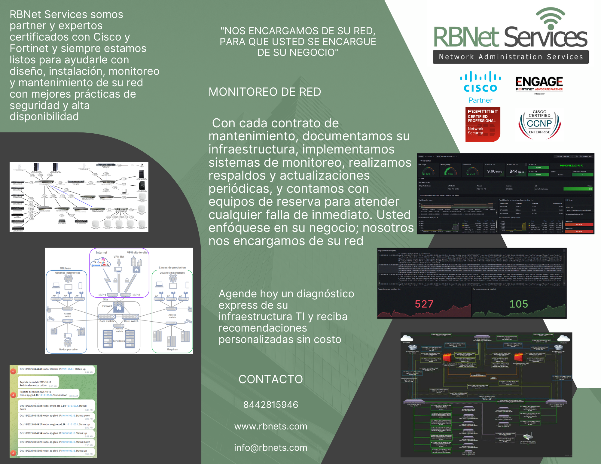 Ingenieros de RBNet Services monitorean redes empresariales Cisco y Fortinet en Saltillo, implementando sistemas de respaldo, seguridad y alta disponibilidad.