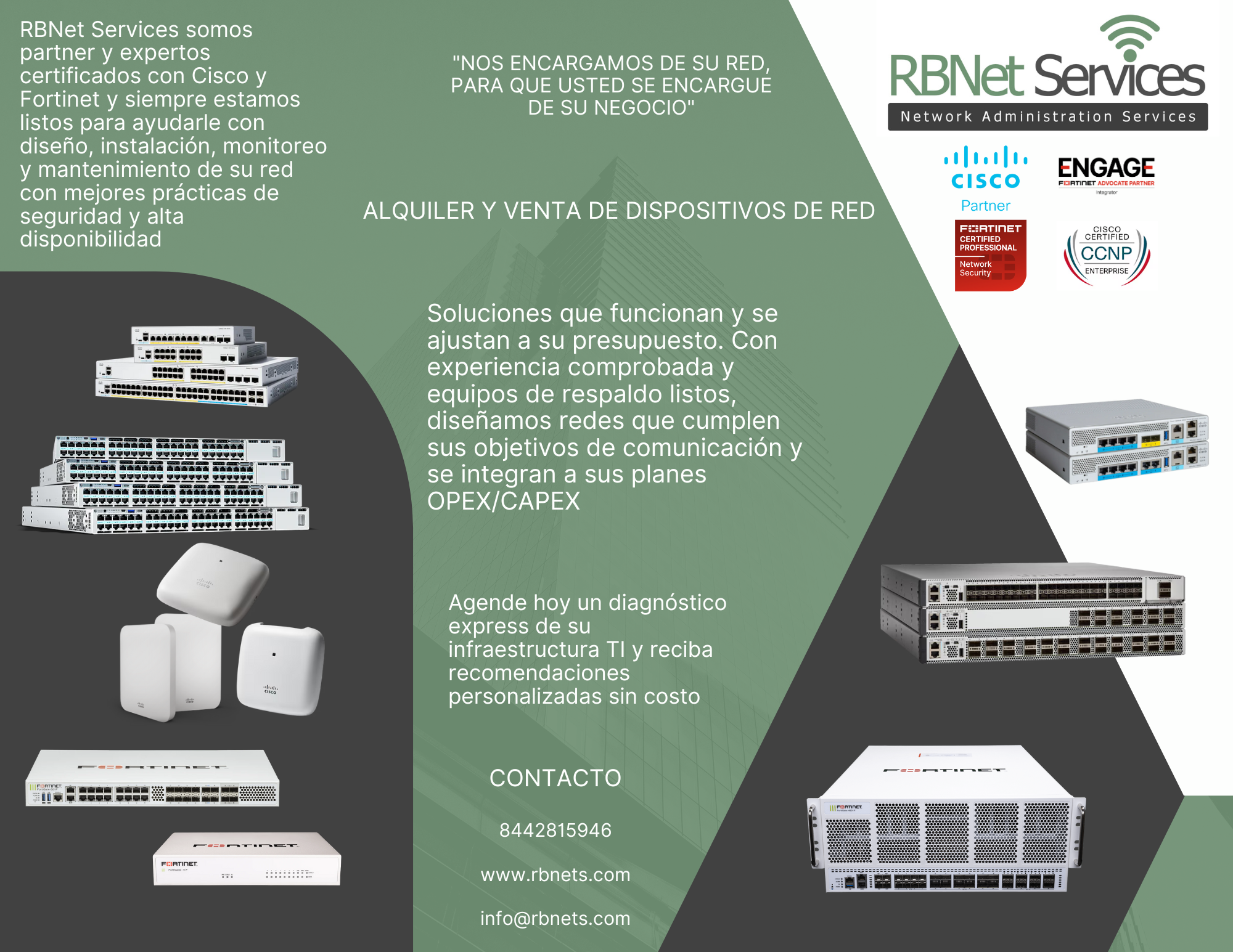 Equipos de red Cisco y Fortinet disponibles para alquiler o venta en Saltillo, con instalación, configuración y soporte técnico profesional por RBNet Services.