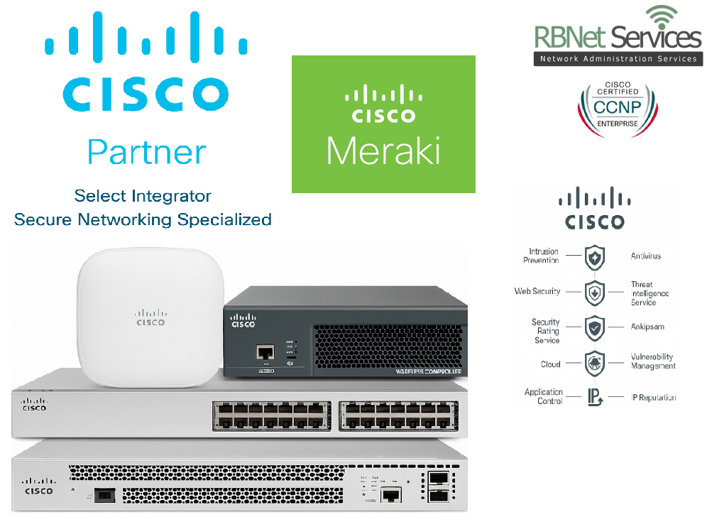 Equipos Cisco empresariales y logotipos de Cisco Partner, Meraki Partner y RBNet Services, integrador certificado CCNP Enterprise en Saltillo.