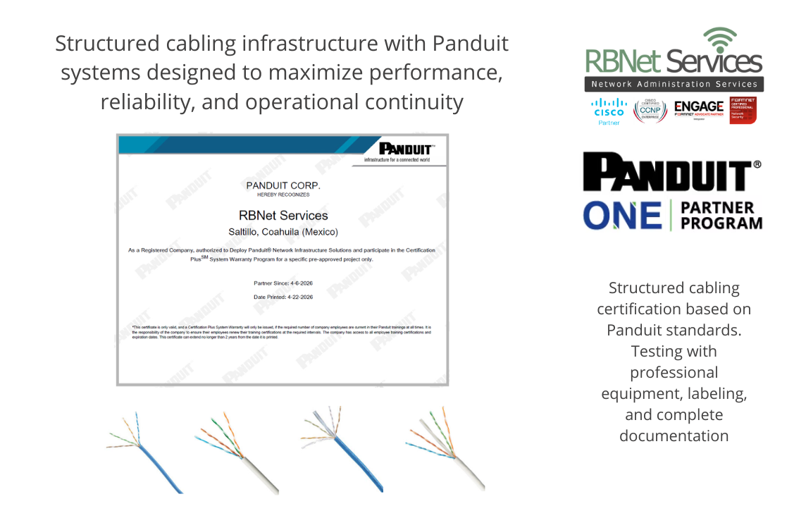 Panduit structured cabling installation in Monterrey for businesses and industrial environments, including testing, labeling, and complete documentation